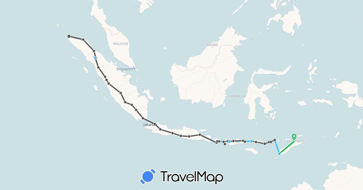 TravelMap itinerary: driving, bus, boat, motorbike in Indonesia, East Timor (Asia)